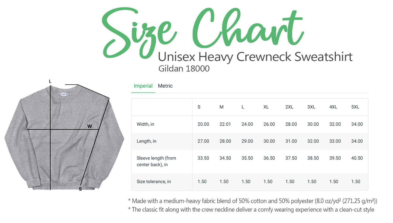 Size chart for a unisex heavy crewneck sweatshirt with measurements in inches.